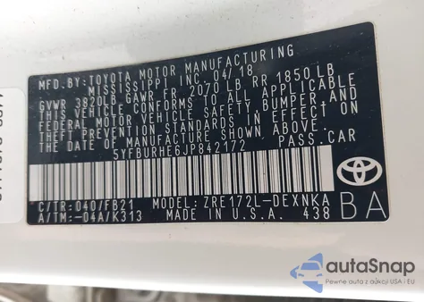 2018 Toyota Corolla Le z USA, uszkodzony, nr VIN 5YFBURHE6JP842172